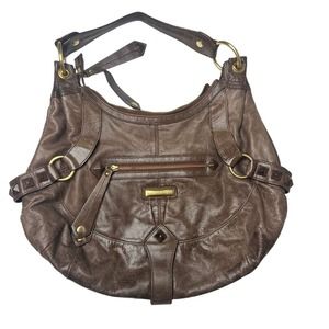 ISABELLA FIORE Women Brown Leather Gold hardware studded Boho shoulder bag Purs